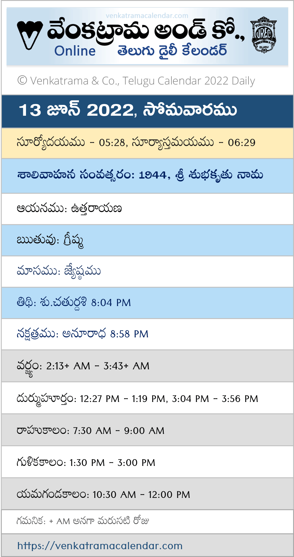 13 June 2022 Venkatrama Calendar Tithi Nakshatram Venkatrama Telugu