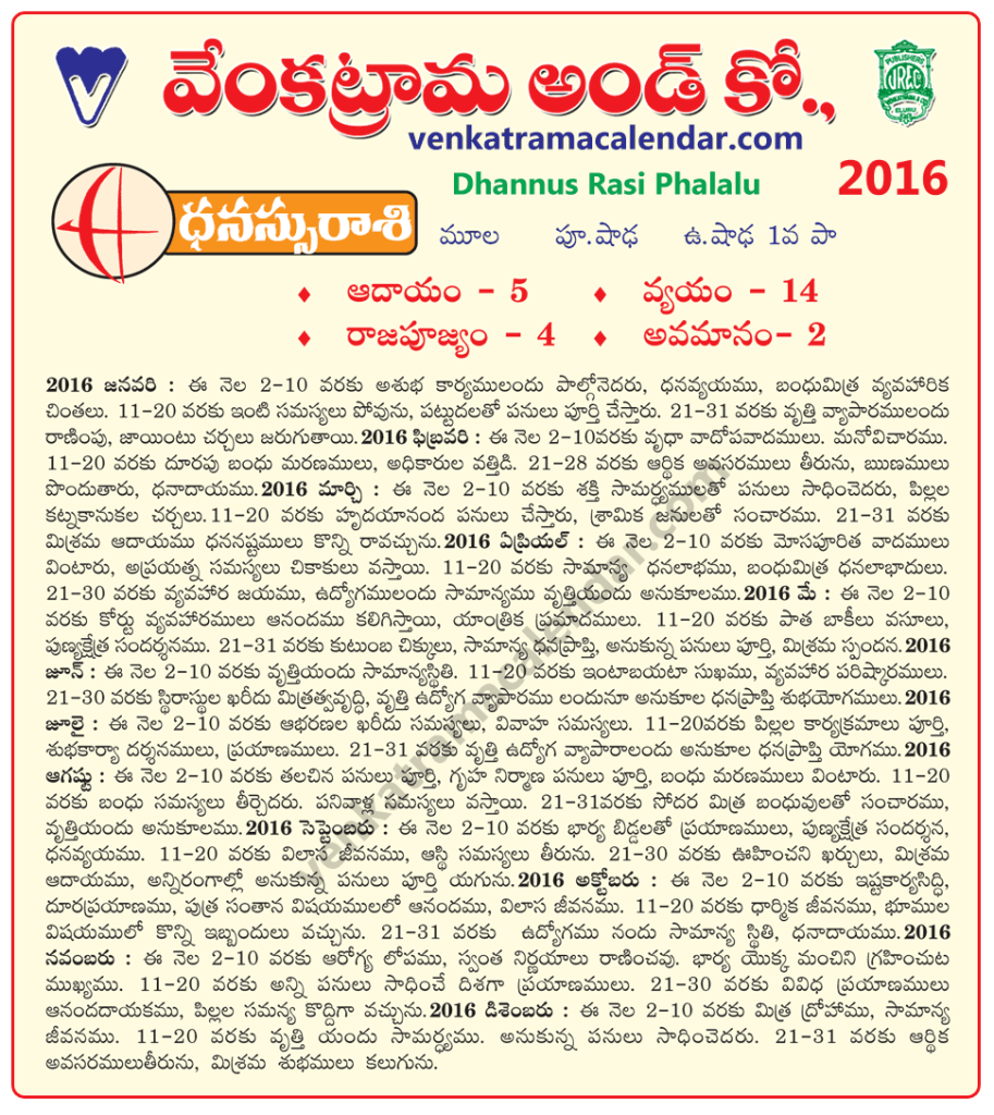 Dhannus Rasi Phalalu 2016 Monthly in Telugu Venkatrama Telugu